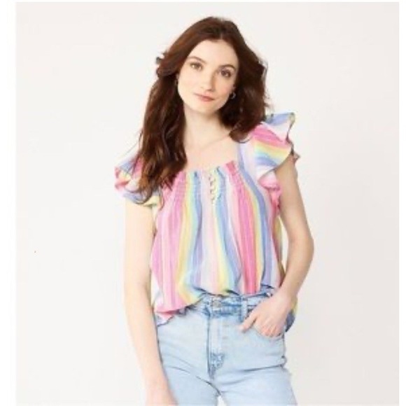 Draper James Rainbow Gauzy Peasant Top Stripe Size Small Festival Boho Pride - Picture 1 of 7